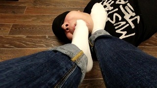 Slave Lick Feet Dominatrix in White Socks and Pantyhose Nylon Foot Adore